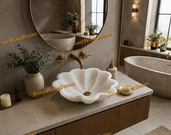 Handcrafted White Quartz Flower Vessel Sink, Natural Stone Bathroom Vanity Basin