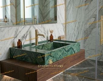 Lavabo de mármol verde Baroda hecho a mano – Lavabo rectangular de lujo para baño – Lavabo de piedra natural verde bosque – Lavabo moderno para tocador