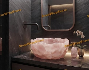 Handcrafted Rose Quartz Wavy Vessel Sink, Natural Pink Gemstone Bathroom Basin