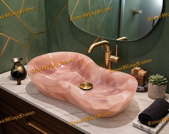 Handcrafted Rose Quartz Vessel Sink | Natural Pink Gemstone Bathroom Wash Basin