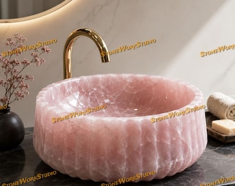 Handcrafted Rose Quartz Fluted Vessel Sink | Natural Pink Stone Bathroom Basin