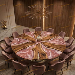 Large Round Ocean Pink Resin Dining Table - Live Edge Solid Wood & Epoxy Resin River Table - Luxury Custom Made Circular Table for 12