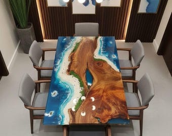 Mesa de comedor de resina epoxi oceánica hecha a mano – Mesa de río de madera de olivo con borde natural
