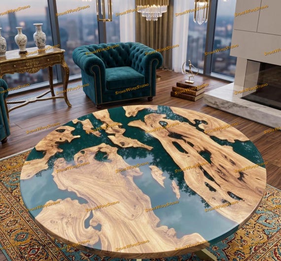 Round Olive Wood Resin Coffee Table, Teal Epoxy River, Live Edge Dining Furniture