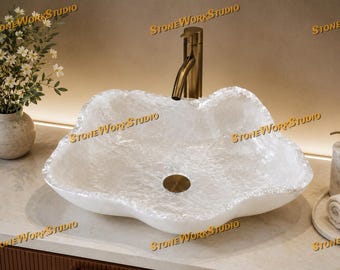 Handcrafted White Quartz Irregular Flower Vessel Sink | Natural Crystal Bathroom Basin