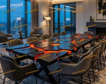 10ft Lava River Dining Table – Charred Wood, Orange Resin, Live Edge Conference Table