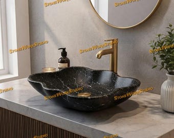 Handmade Black Marble Flower Vessel Sink, Natural Stone Bathroom Basin