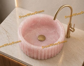 Handcrafted Rose Quartz Fluted Vessel Sink, Natural Pink Stone Bathroom Basin