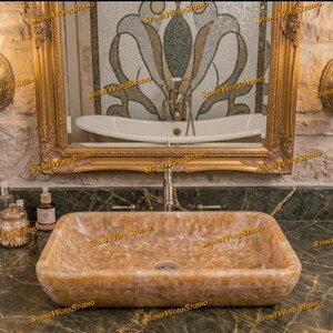 Natural Honey Onyx Vessel Sink – Hand-Carved Solid Stone Bathroom Washbasin
