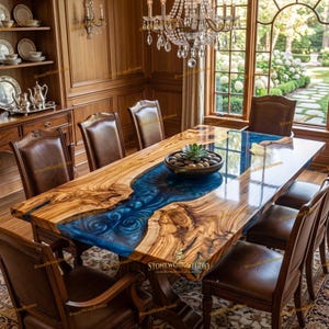 Handmade Walnut Wood & Blue Epoxy Resin Dining Table | Luxury Live Edge River Table | Custom Rectangular Kitchen Table | Modern Home Decor
