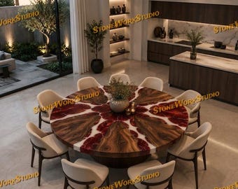 Round Walnut Red Epoxy River Dining Table | Live Edge Wood, Custom Modern Kitchen Furniture