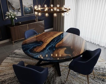 Tavolo da pranzo in noce epossidico fatto a mano: fiume in resina blu fumo