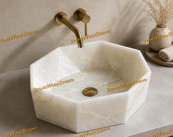 Handcrafted Octagonal White Onyx Vessel Sink | Natural Stone Bathroom Basin