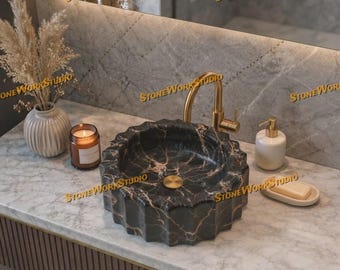 Handcrafted Black Marble Scalloped Vessel Sink, Luxury Stone Bathroom Basin