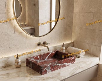 Rosso Levanto Marble Vessel Sink | Handmade Red Rectangular Stone Vanity Basin