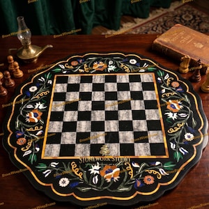 Handcrafted Marble Inlay Chess Table Top, Pietra Dura Board with Lapis Lazuli, Malachite & Mother of Pearl, Luxury Stone Gift
