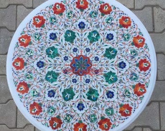 Handgemachte Pietra Dura Marmor Tischplatte - Lapis Inlay, Indische Kunst