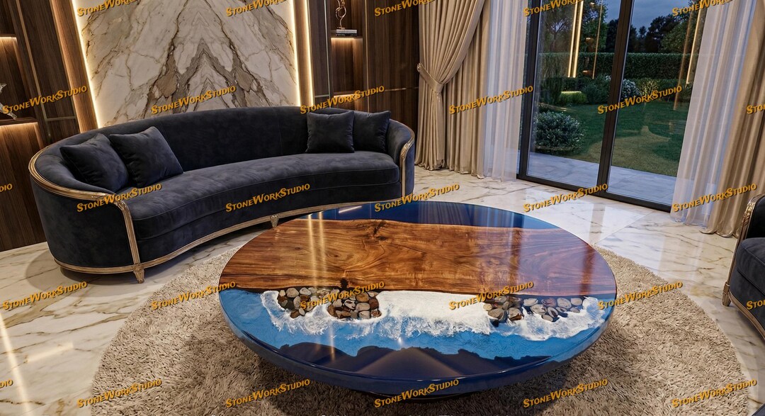Handmade Walnut River Coffee Table – Ocean Wave Epoxy, Stones, Mid ...