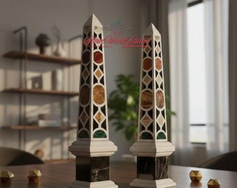 Marble Inlay Obelisk Pair – Pietra Dura Stone Towers, Italian Art Decor