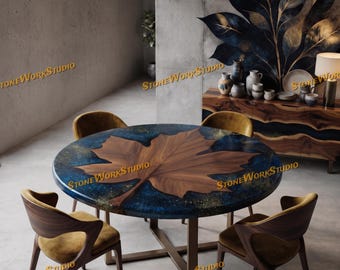 Round Walnut Live Edge Dining Table, Ocean Blue Epoxy Resin River Top