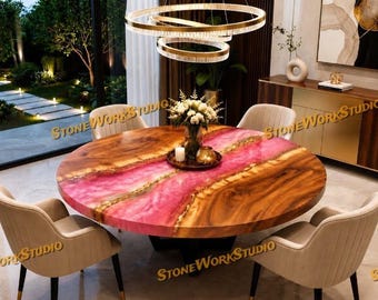 Round Walnut Epoxy River Dining Table | Pink Resin Live Edge Furniture