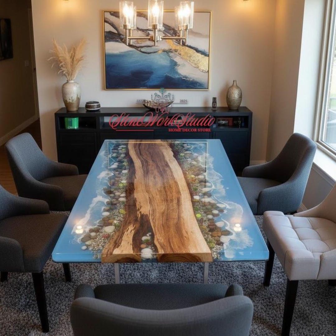 Handmade Ocean Resin River Dining Table, Live Edge Wood, Coastal Decor ...