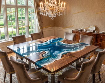 Ocean Epoxy Resin Dining Table – Live Edge Wood River Dining Room Furniture