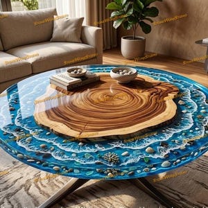 Round Acacia Wood Resin Coffee Table – Deep Blue Ocean Wave Epoxy Furniture