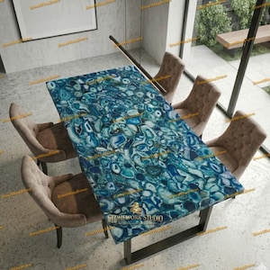 Luxury Blue Agate Coffee Table – Natural Crystal Dining Table Top – Handmade Gemstone Geode Furniture Decor