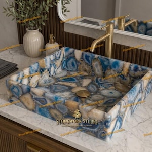 Lavabo de ágata azul – Lavabo rectangular de piedra preciosa – Lavabo de baño de lujo con encimera de piedra para decoración