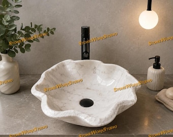 Handmade White Marble Wavy Vessel Sink | Natural Stone Bathroom Basin