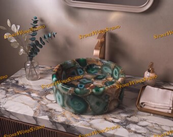 Handmade Green Agate Crystal Vessel Sink, Luxury Gemstone Bathroom Basin