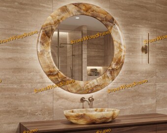 Handcrafted Honey Onyx Round Wall Mirror | Natural Stone Vanity Decor