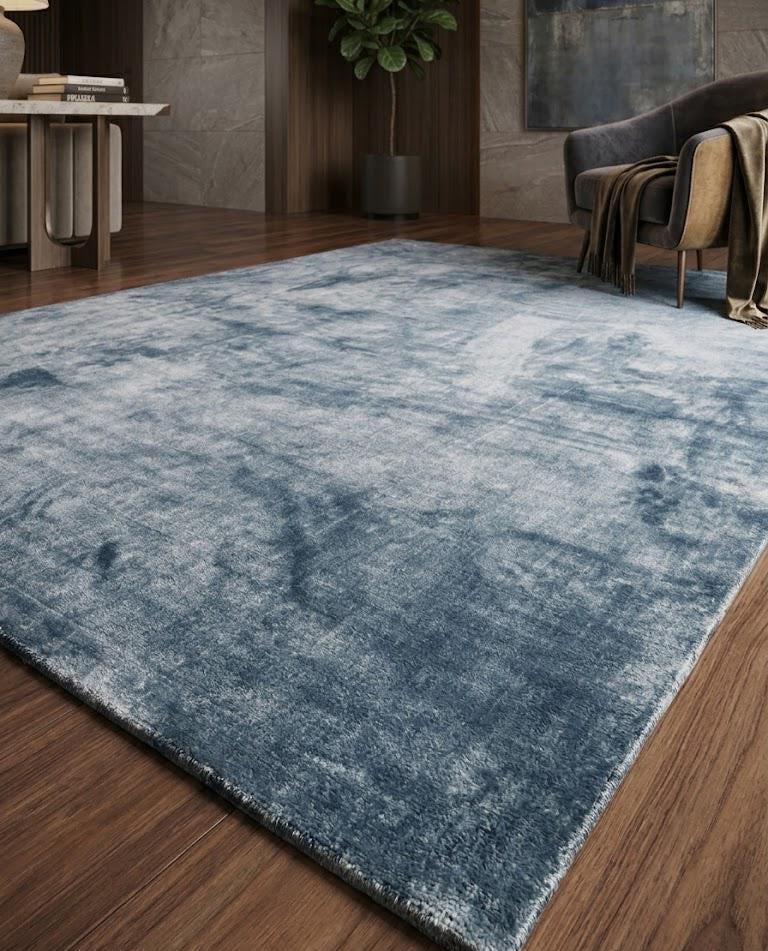 Modern Blue Distressed Wool Carpet – Abstract Hand Tufted Living Room ...