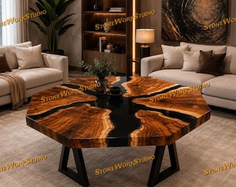 Octagon Walnut Epoxy River Dining Table | Live Edge Wood Kitchen Furniture