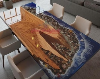 Mesa de comedor de resina epoxi Coastal Ocean / Mesa de río de nogal con borde natural