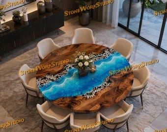 Round Walnut Blue Epoxy River Dining Table | Live Edge Wood Kitchen Top