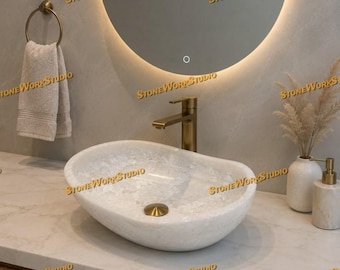 Handcrafted White Quartz Irregular Oval Vessel Sink | Natural Stone Bathroom Vanity Basin