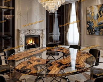Ampio tavolo da pranzo rotondo in legno d'ulivo con piano in resina epossidica – Mobile di lusso con bordo naturale