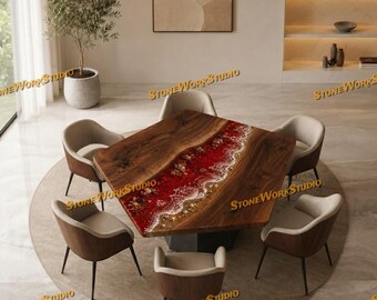 Pentagon Walnut River Dining Table, Red Epoxy Live Edge Wood, Custom Modern Furniture