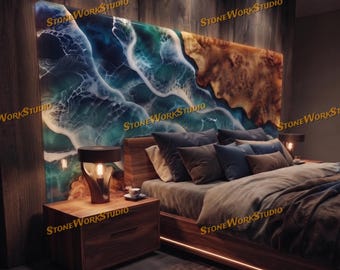Ocean Wave Epoxy Resin Headboard, Live Edge Burl Wood, Coastal Modern Bedroom Art