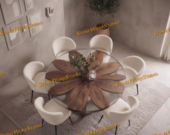 Round Walnut Epoxy Dining Table | Flower Petal Wood Top, Modern Luxury Furniture