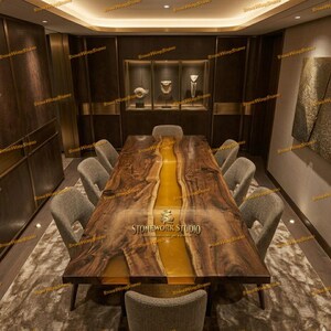 Walnut Epoxy River Dining Table – Yellow Resin Live Edge Table – Luxury Conference & Dining Furniture