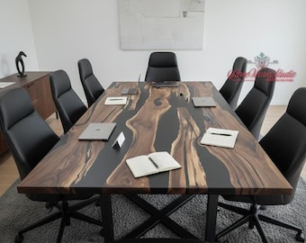 Handmade Walnut River Table | Black Epoxy, Live Edge Wood Furniture