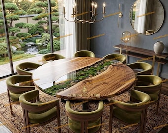 Tavolo da pranzo rotondo in resina epossidica con effetto fiume, muschio e pietre – Tavolo in resina con bordo naturale effetto legno – Mobili di lusso a tema botanico