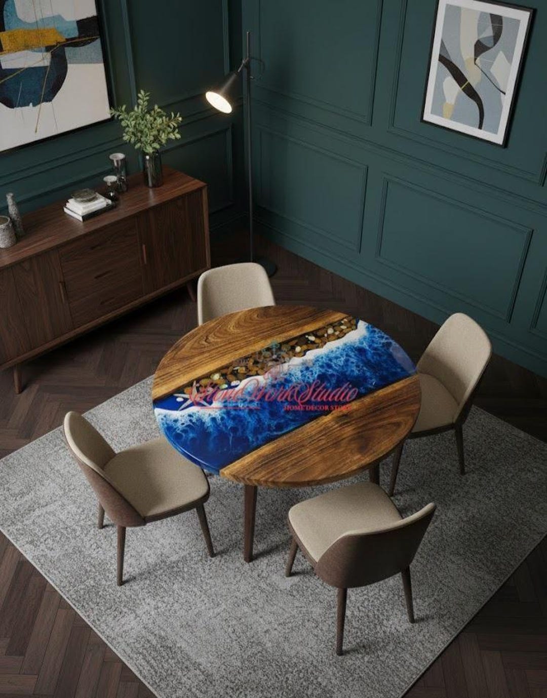 Handmade Round Ocean Wave Epoxy Resin Table – Live Edge Wood & Blue ...