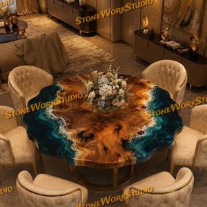 Walnut Blue Epoxy River Dining Table | Handmade Live Edge Ocean Resin Table