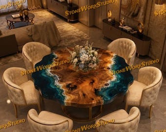 Walnut Blue Epoxy River Dining Table | Handmade Live Edge Ocean Resin Table