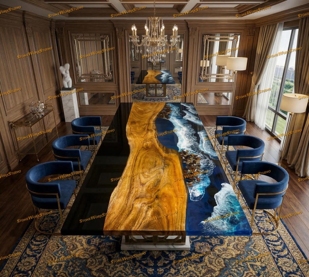 Acacia Wood Epoxy River Dining Table, Ocean Wave Resin Coastal Kitchen ...