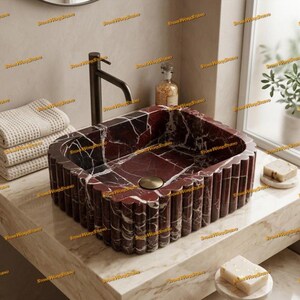 Rosso Levanto Marble Sink – Red Fluted Vessel Basin – Handcrafted Rectangular Stone Washbasin – Scalloped Edge Luxury Bathroom Sink